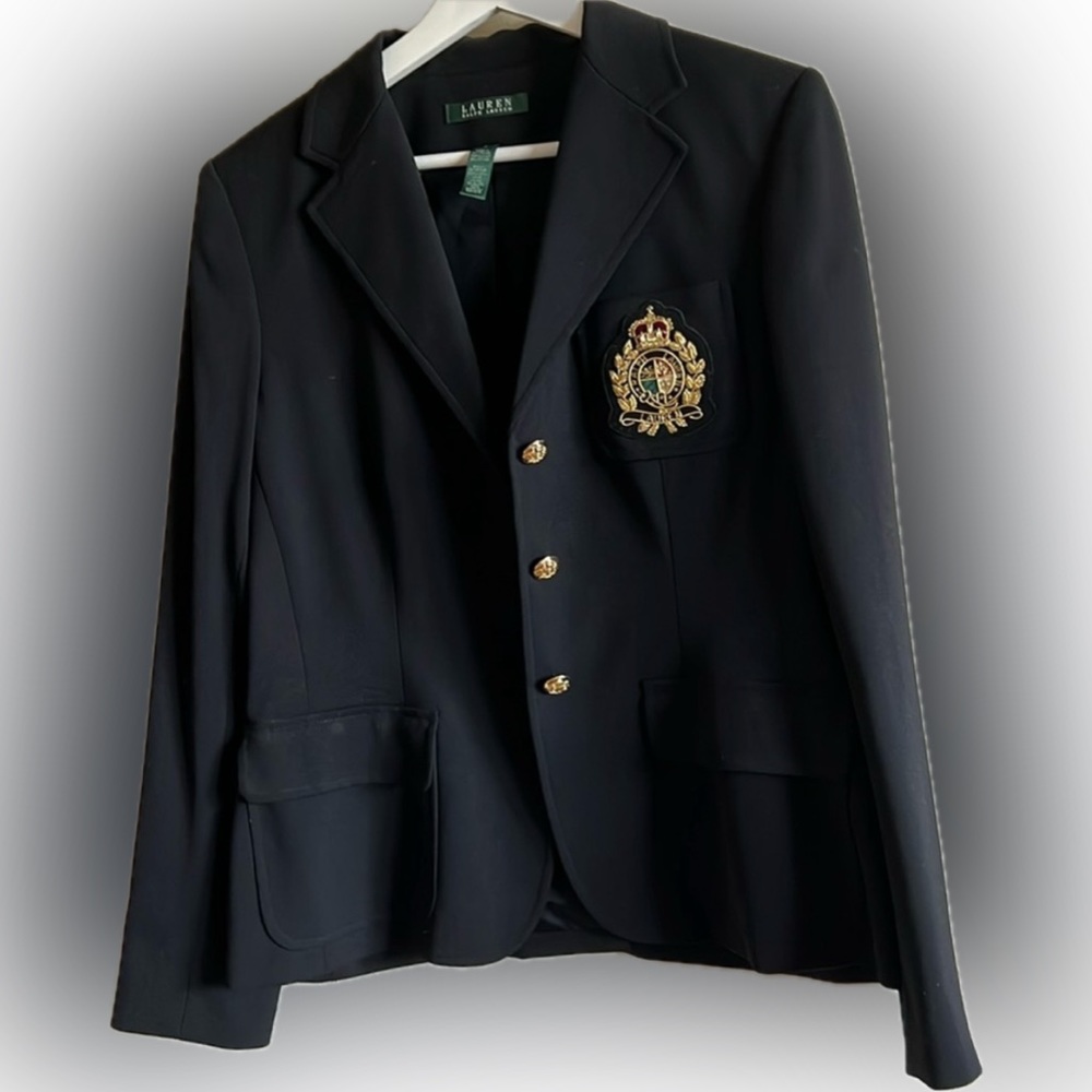 Ralph Lauren Wool black .Crest Blazer Womens Size 8 USA RL Logo Jacket